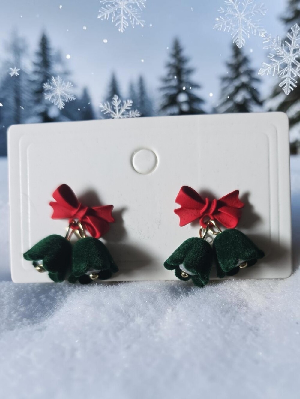 Festive Red Bow & Green Bell Drop Earrings